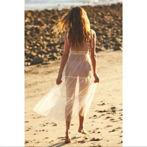 NWOT Lulus Cruise to Catalina Ivory Swiss Dot Sheer Maxi Swim Cover-Up Small - Picture 5 of 14